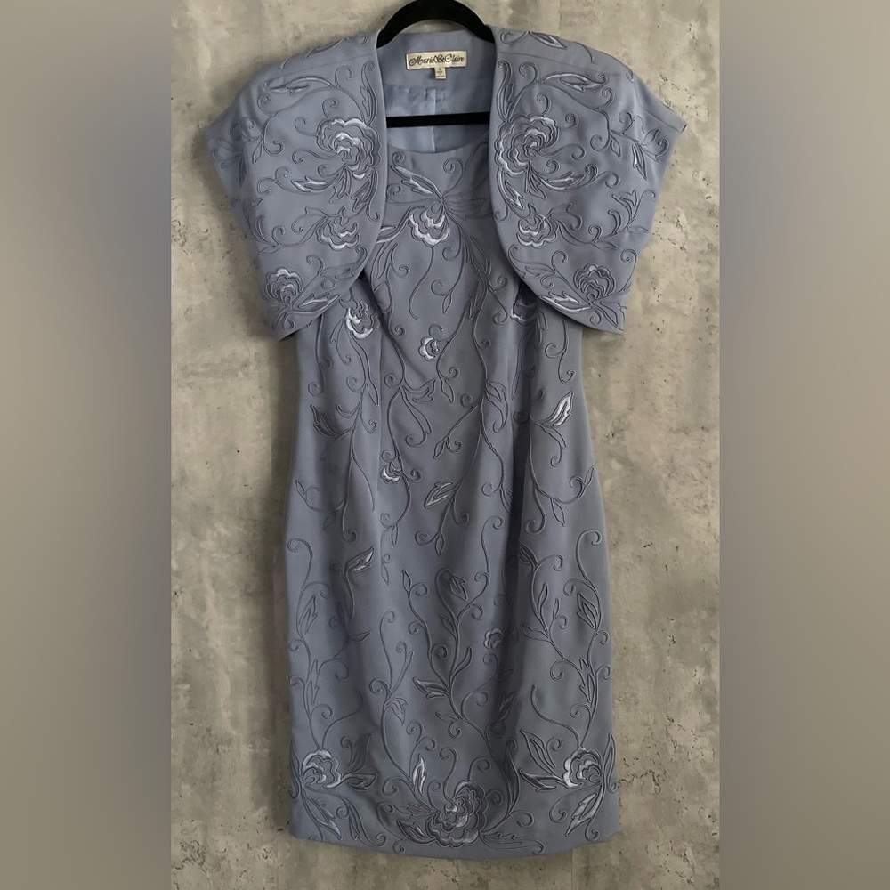 VTG Formal 2pc Sleeveless Blue Embossed MARIE ST CLAIRE Dress/Bolero Jacket Sz4